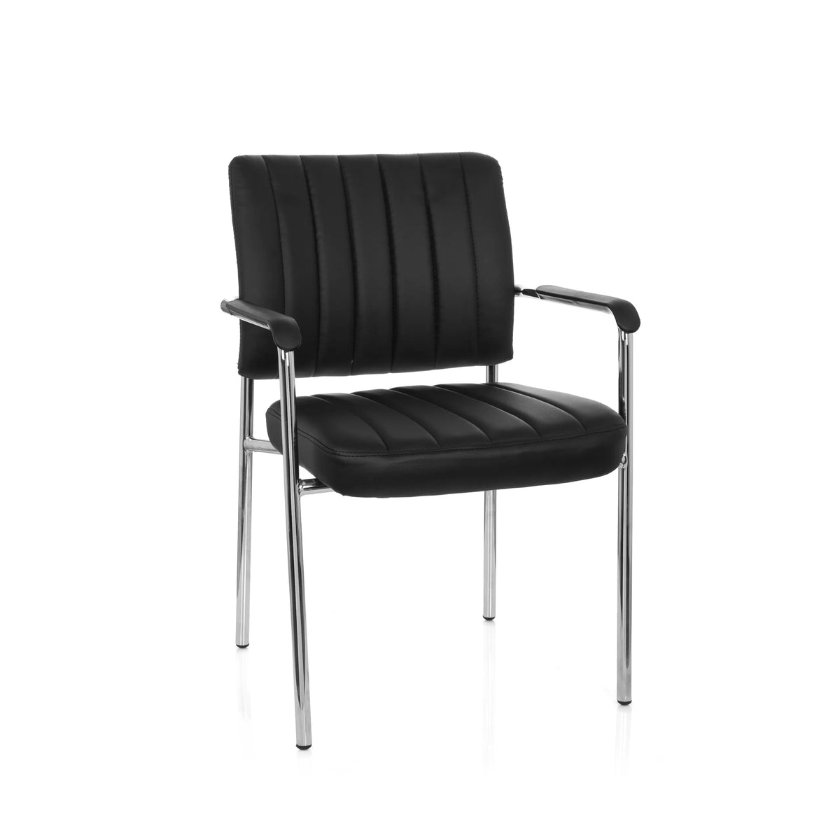 Silla de cuatro patas SOMOS V negra con tapizado de cuero sintético, acolchado capitoné y reposabrazos de hjh OFFICE – vista de 360° (vista frontal 20°)