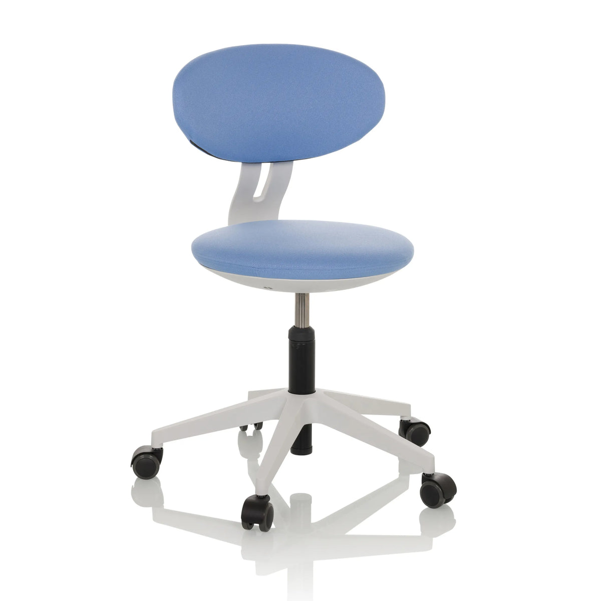 Silla giratoria para niños MINIMOVO azul con base blanca y cinco ruedas de hjh OFFICE – vista de 360° (vista frontal 15°)