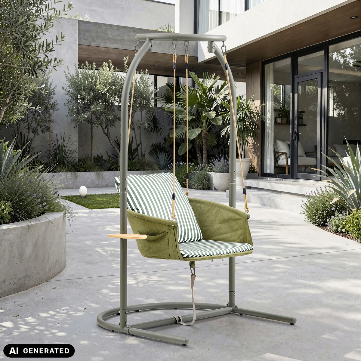 Silla colgante Skylo en verde y beige con tapicería a rayas y estructura metálica de hjh LIVING (imagen generada por IA)