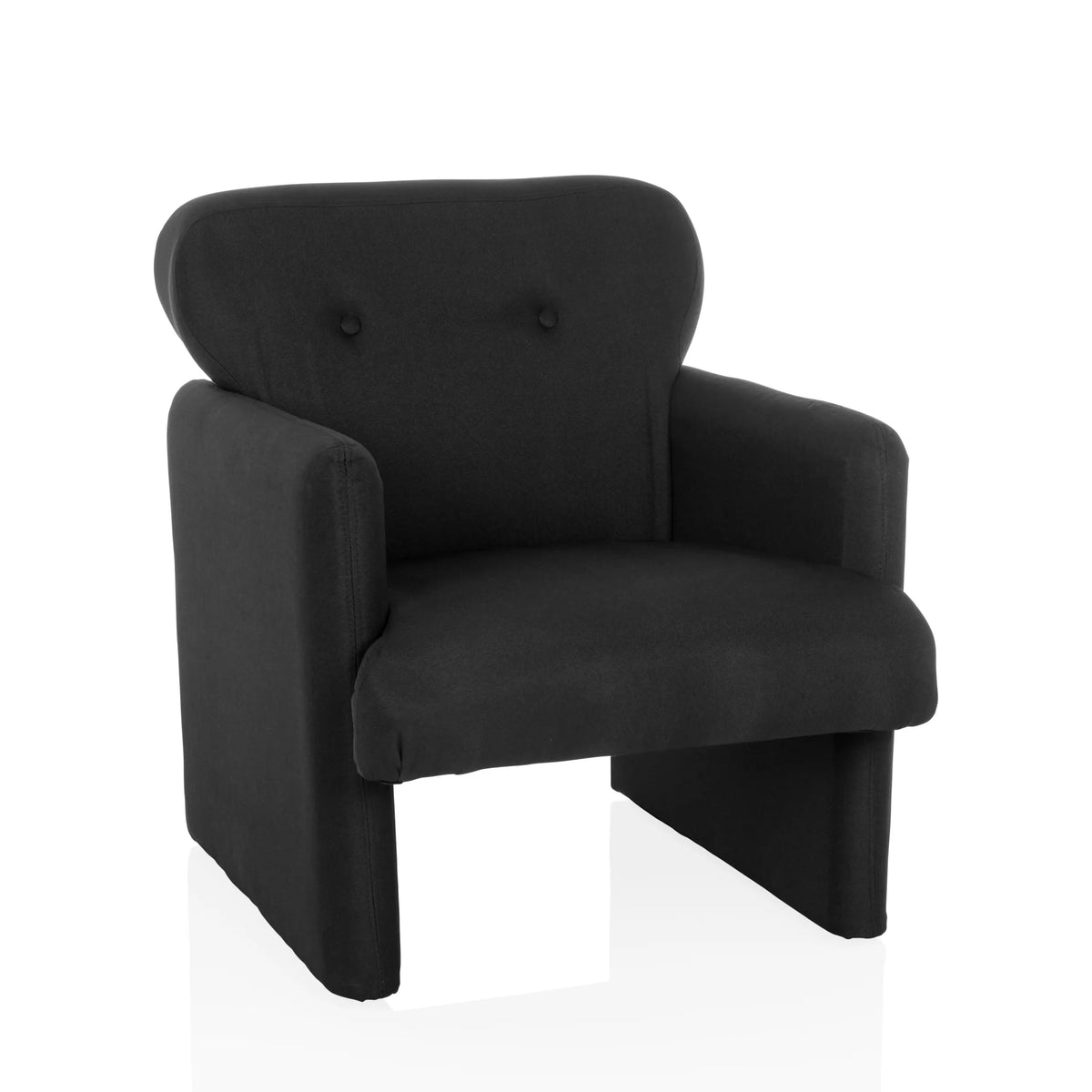 Sillón de diseño CARIPITO negro con tapizado de tela y dos botones en el respaldo de hjh LIVING – vista de 360° (vista frontal 15°)