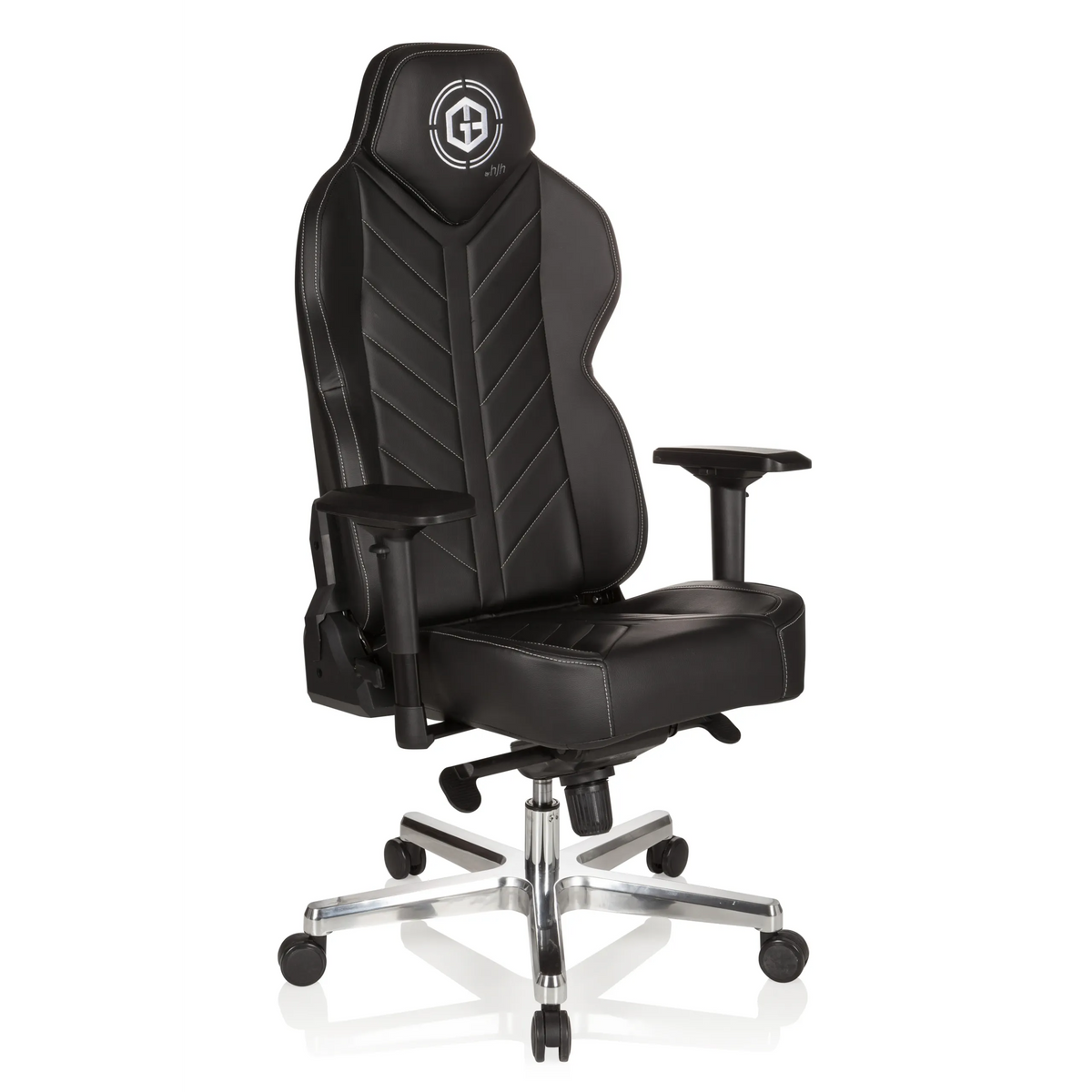 Silla gaming GAMEBREAKER COLOSSUS negra con reposabrazos y base brillante de cinco ruedas de hjh OFFICE – vista de 360° (vista frontal en diagonal 40°)
