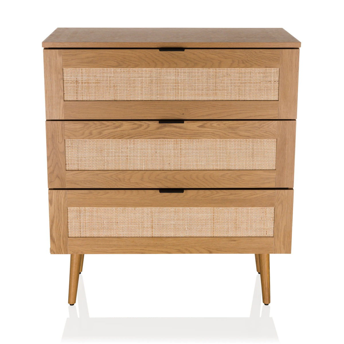 Cómoda BOHEO K color roble con tres cajones de rejilla vienesa y cuatro patas de hjh LIVING – vista de 360° (vista frontal 0°)
