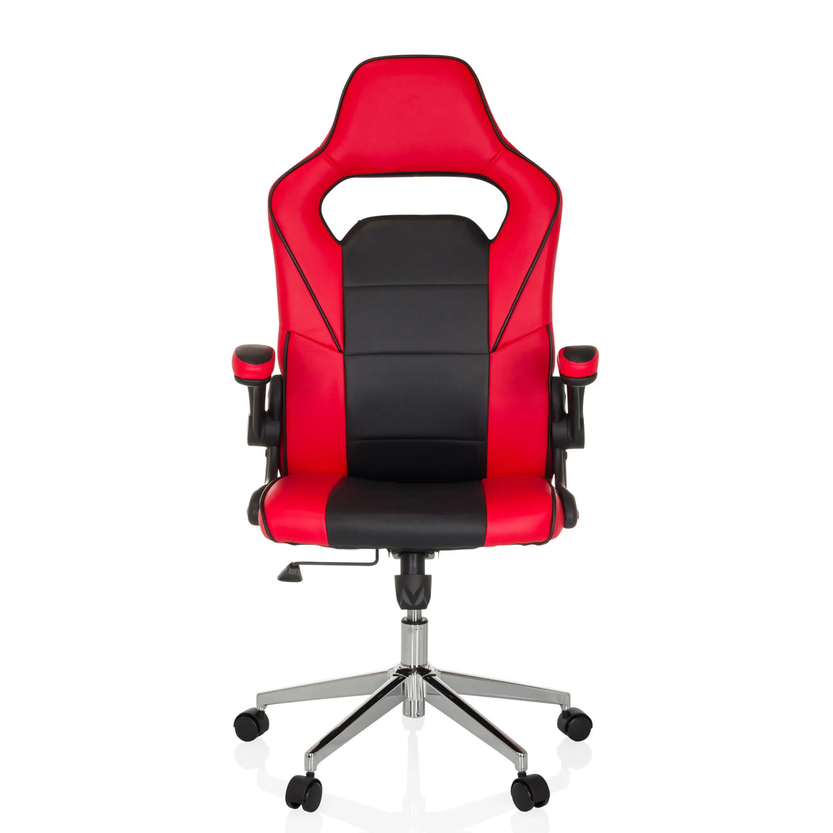 Silla gaming GAME SPORT PRO en color rojo y negro con reposabrazos y base de cinco ruedas de MyBuero – vista de 360° (vista frontal 0°)