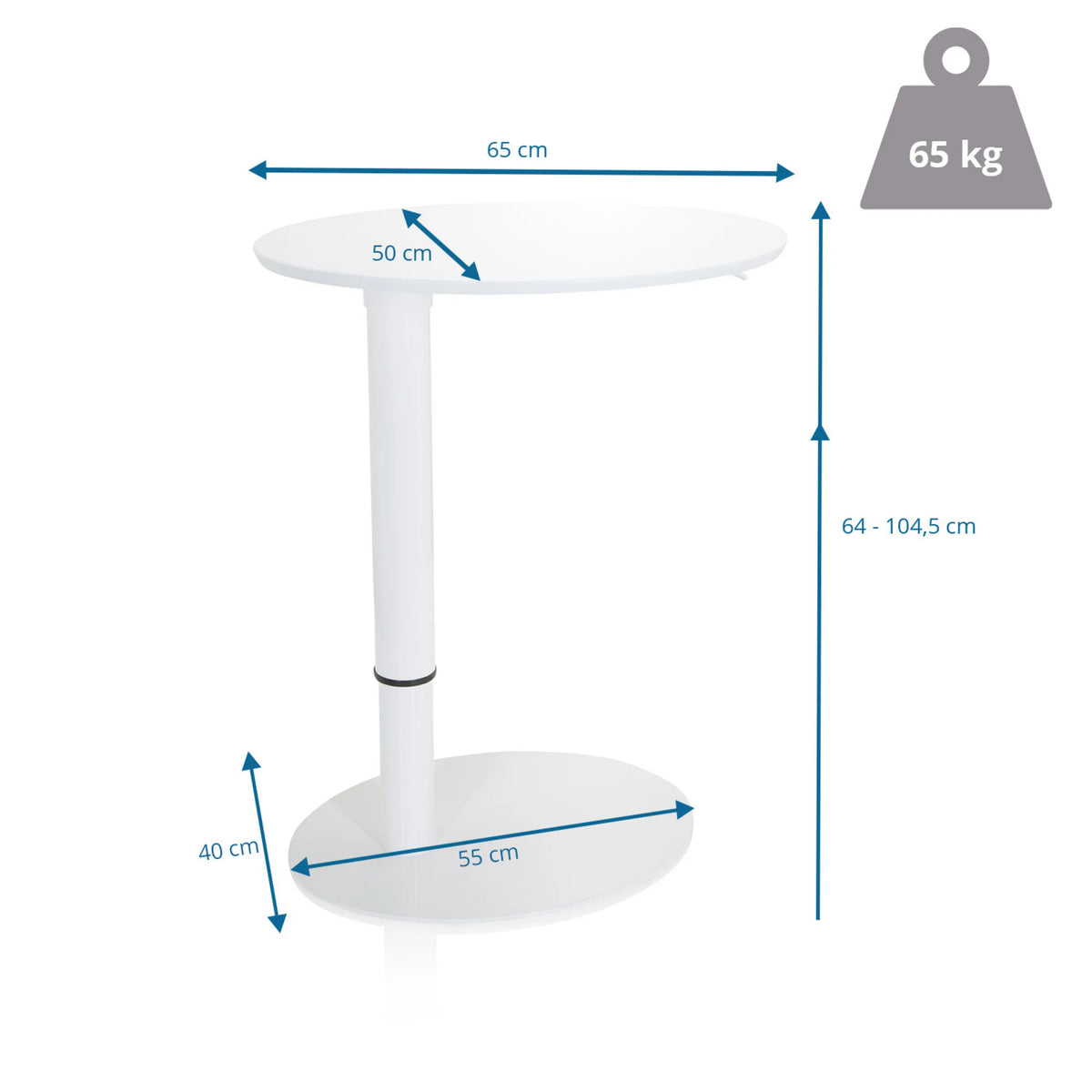 Dibujo dimensional del escritorio de pie STAND III con una altura de 64 a 104,5 cm de hjh OFFICE