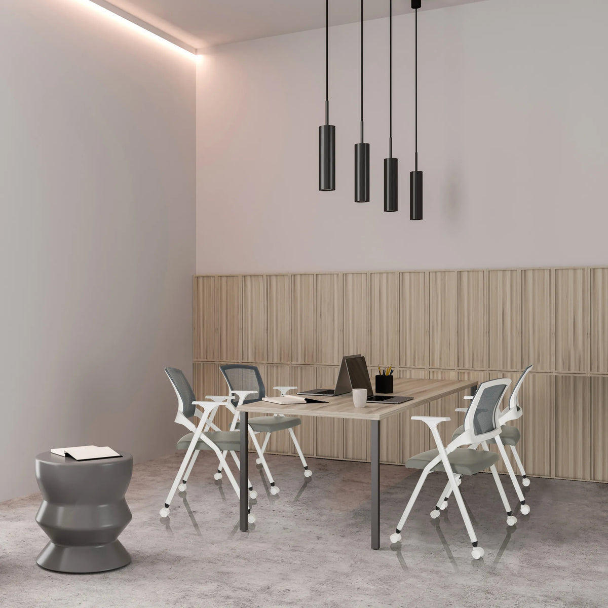 Sillas plegables PRIORITY II W PU grises en una mesa de reuniones en una sala de diseño moderno de hjh OFFICE