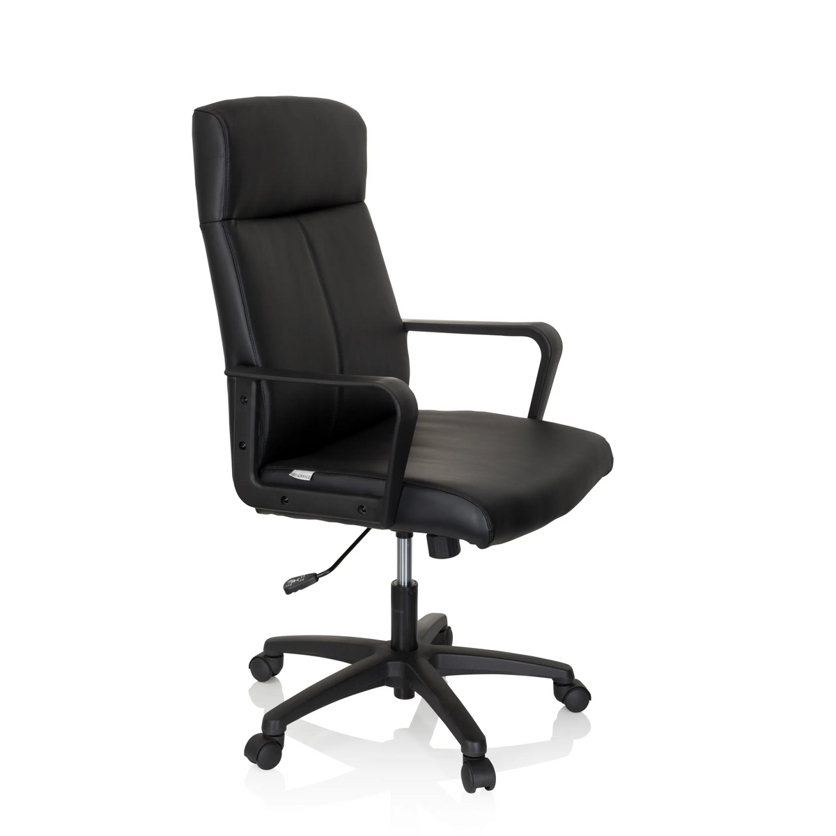 Sillón de oficina profesional LISSO negro con reposabrazos y base de cinco ruedas de hjh OFFICE – vista de 360° (vista frontal en diagonal 60°)