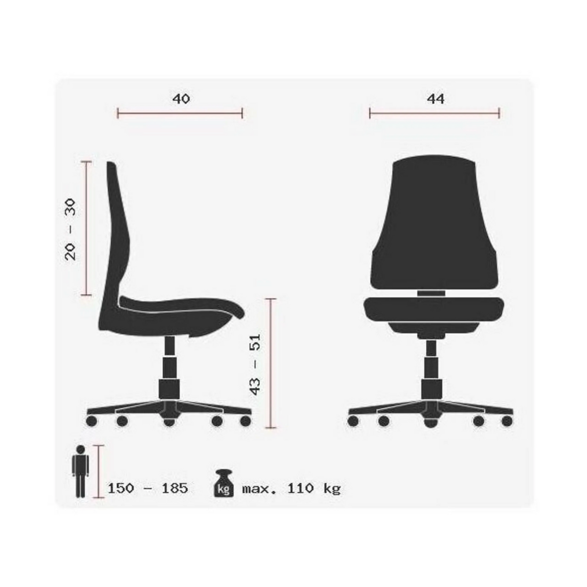 Technische Zeichnung des Drehhockers SITNESS 40 mit einer maximalen Belastung von 110 kg von Topstar