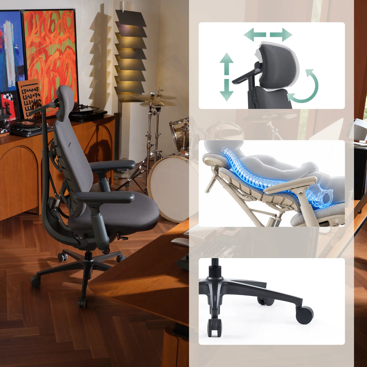 Silla de oficina LiberNovo Maxis Elektric en grafito con reposacabezas ajustable y base con ruedas de Libernovo