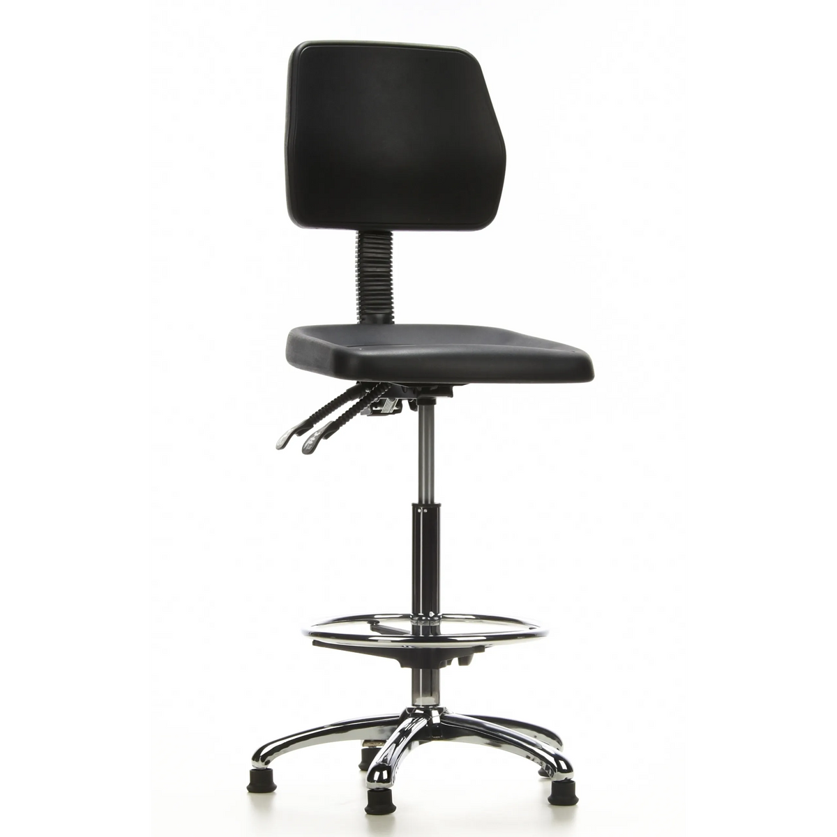 Silla de mostrador TOP WORK 11 negra con reposapiés y base de cinco radios de hjh OFFICE – vista de 360° (vista frontal 20°)