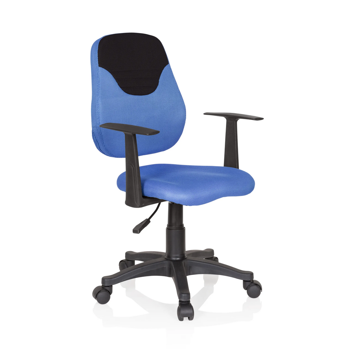 Silla giratoria para niños KIDDY STYLE azul con respaldo de malla, reposabrazos y base de cinco ruedas de hjh OFFICE – vista de 360° (vista frontal en diagonal 40°)