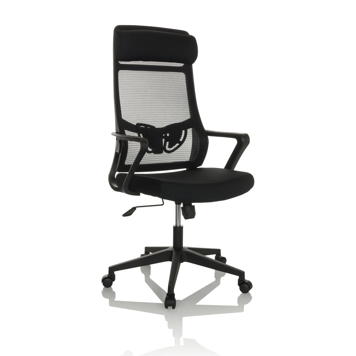 Silla Home Office NEKEO negra con respaldo de malla y base de cinco ruedas de hjh OFFICE – vista de 360° (vista frontal en diagonal 30°)