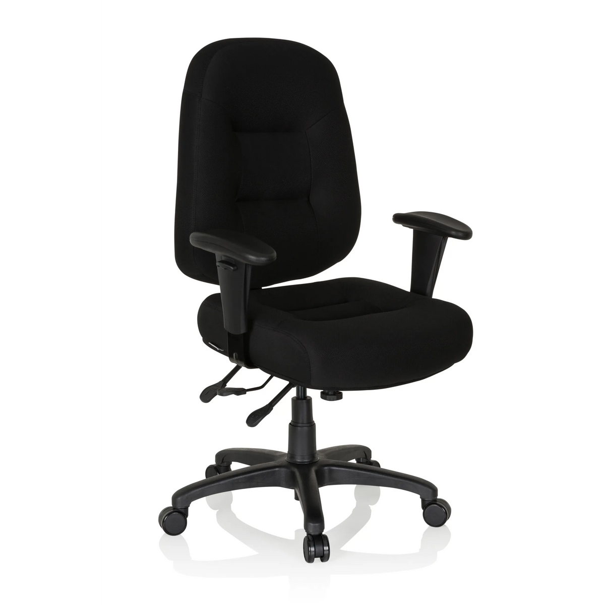 Silla de oficina profesional ZENIT XXL negra con reposabrazos y base de cinco ruedas de hjh OFFICE – vista de 360° (vista frontal en diagonal 40°)
