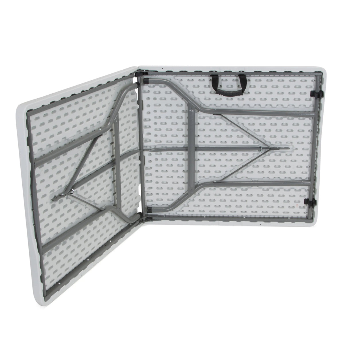 Parte inferior con mecanismo plegable y asa de transporte de la mesa plegable EASY UP MULTI II en blanco de hjh OFFICE