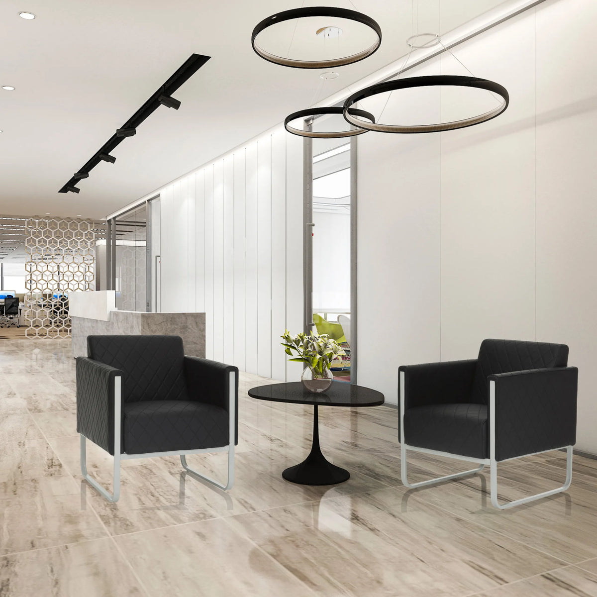 Dos sillones tapizados ARUBA STEP negros con estructura de patín y tapicería acolchada de hjh OFFICE