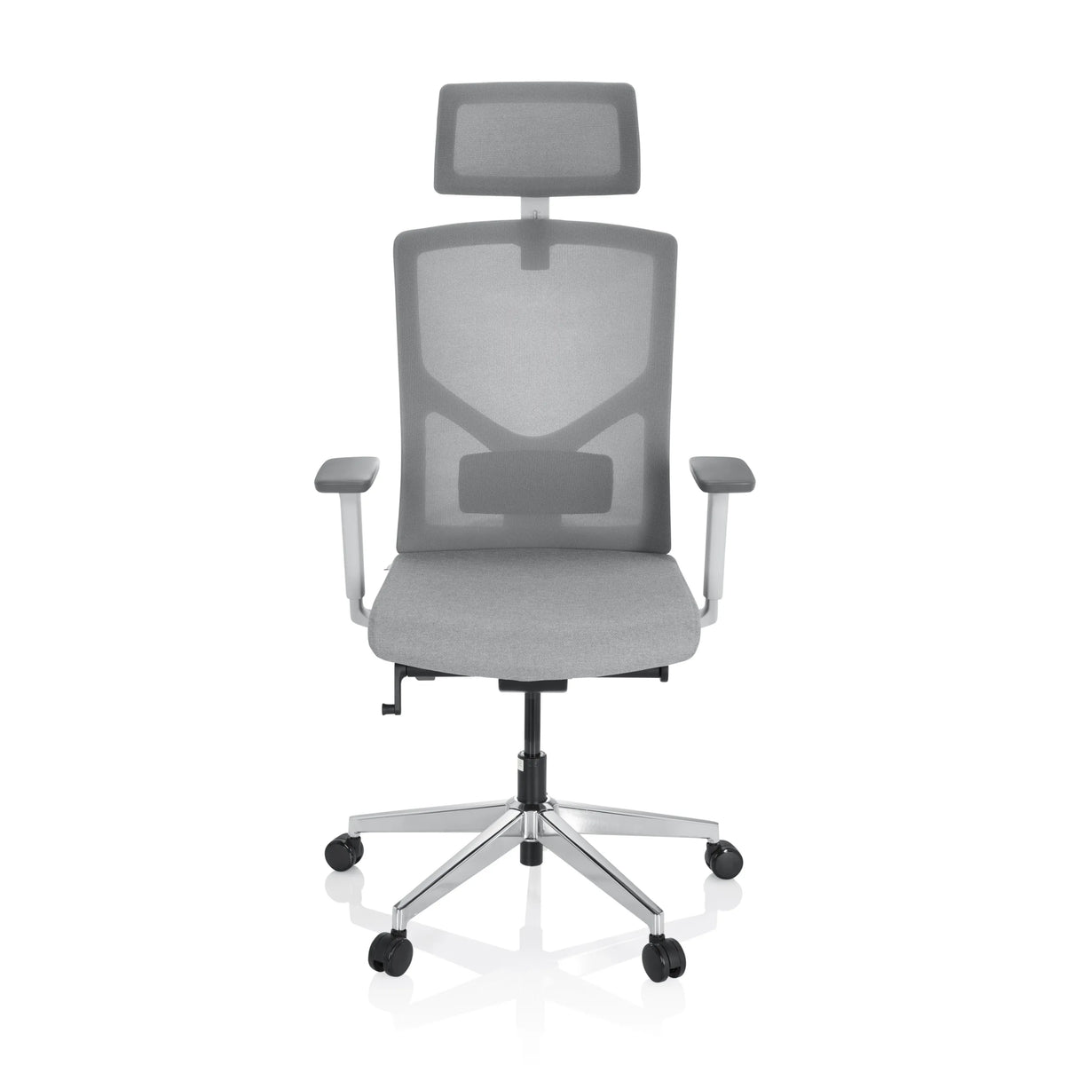 Grauer Profi-Bürostuhl BRETON PRO W mit Netzrücken, Kopfstütze und Fußkreuz mit fünf Rollen von hjh OFFICE – 360-Grad-Ansicht (Frontansicht 0°)