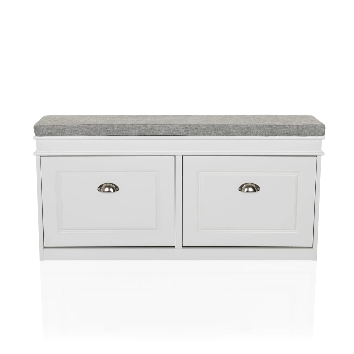 Armario zapatero ESTHA I blanco con asiento gris y dos cajones de hjh LIVING – vista de 360° (vista frontal 0°)