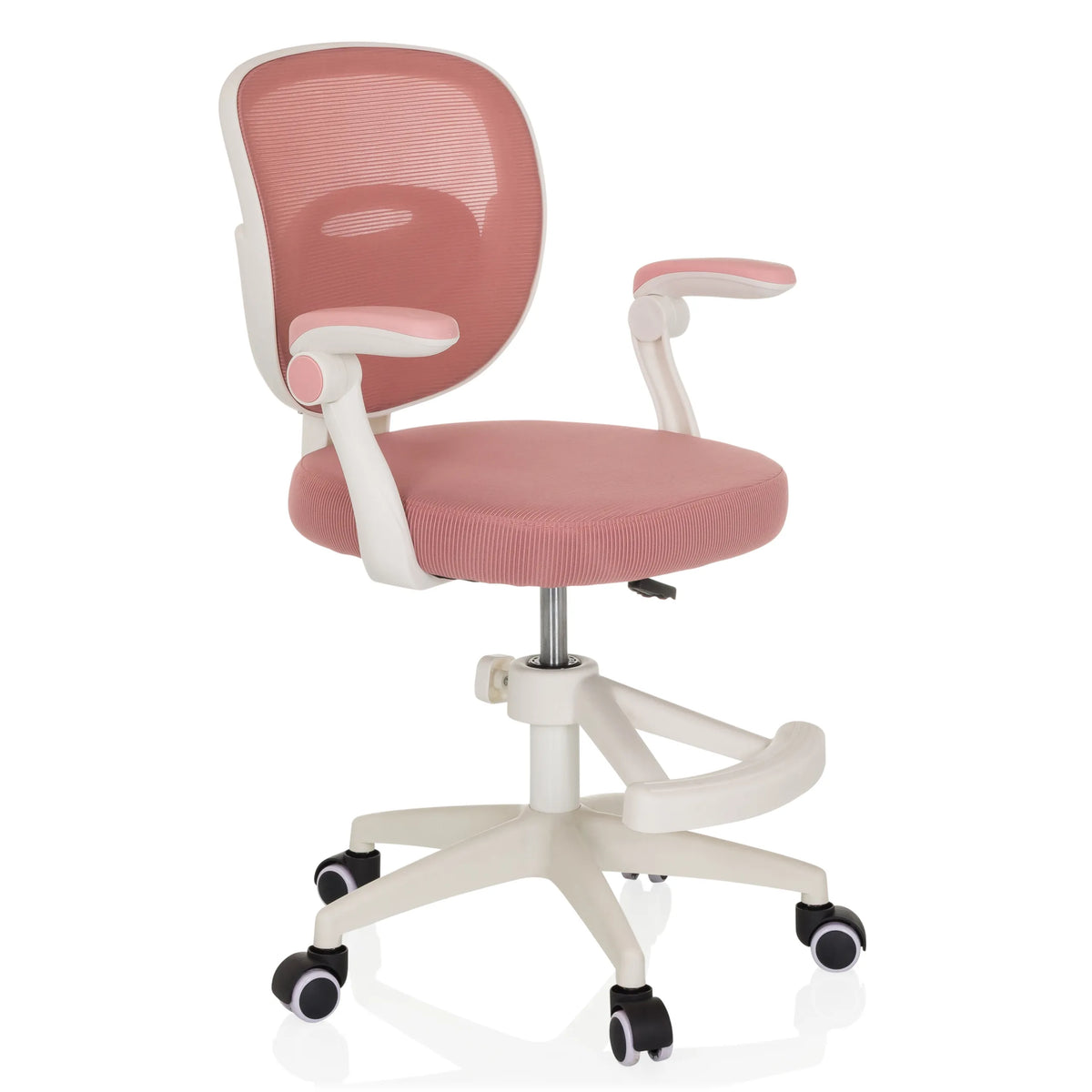 Silla giratoria para niños KIDDY SMART rosa con respaldo de malla y base de cinco ruedas de hjh OFFICE – vista de 360° (vista frontal en diagonal 45°)