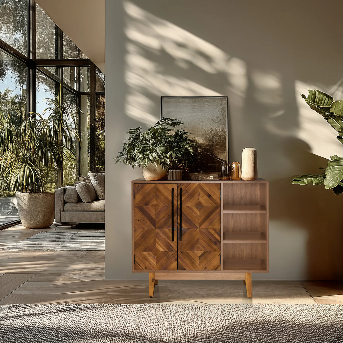 Cómoda SANTJAGO WOOD L en efecto madera marrón oscuro con dos puertas y un estante abierto de hjh LIVING