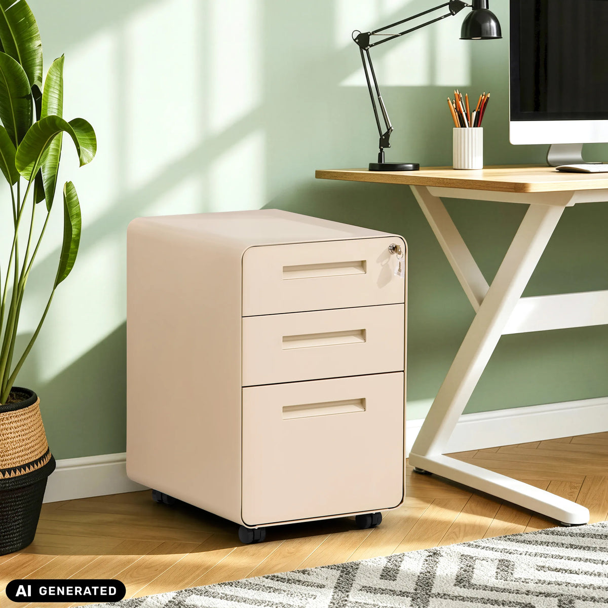 Archivador rodante COLOR PLUS I beige de metal con tres cajones y ruedas de hjh OFFICE (imagen generada por IA)