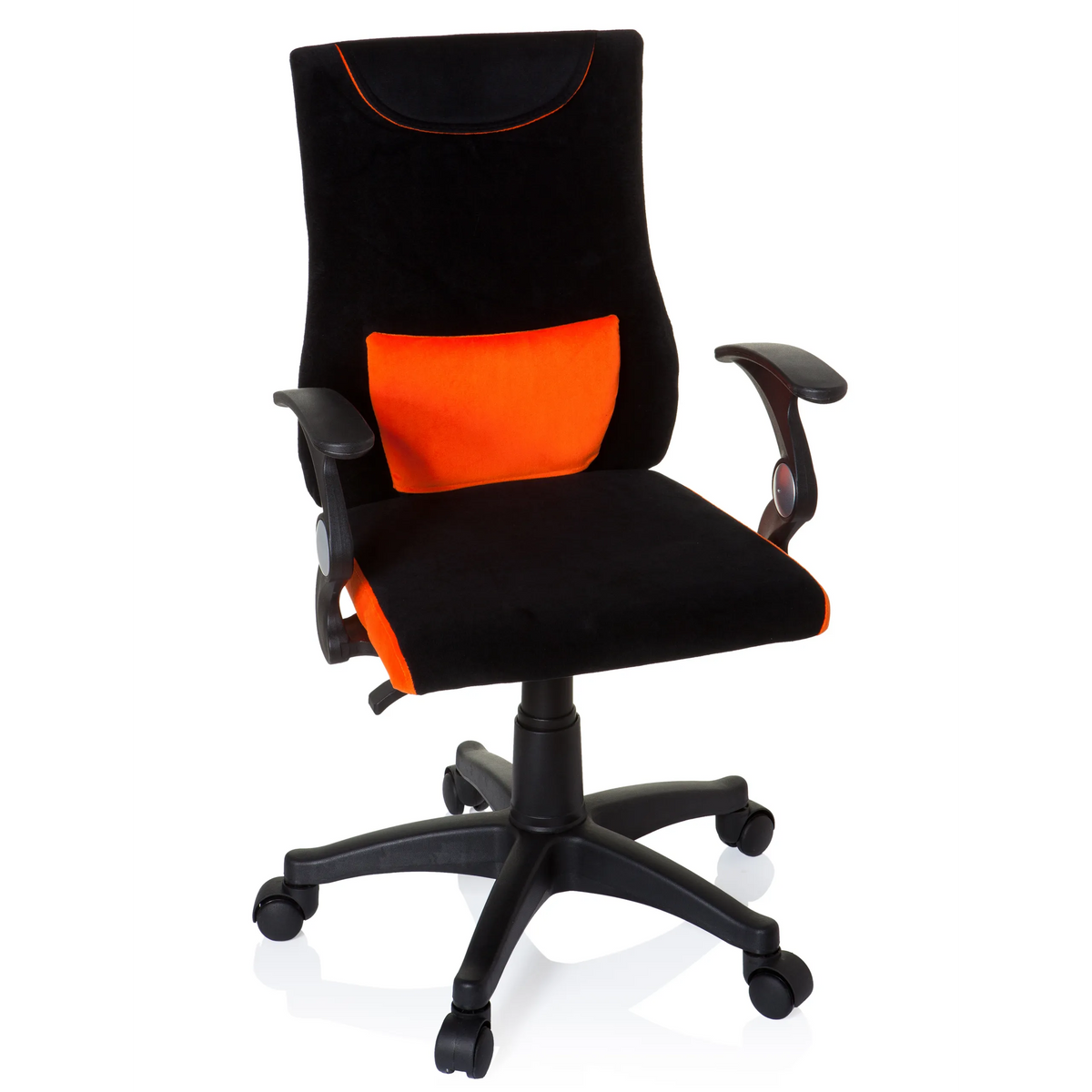 Silla giratoria para niños KIDDY PRO AL en color negro y naranja con cojín lumbar y base de cinco ruedas de hjh OFFICE – vista de 360° (vista frontal 20°)