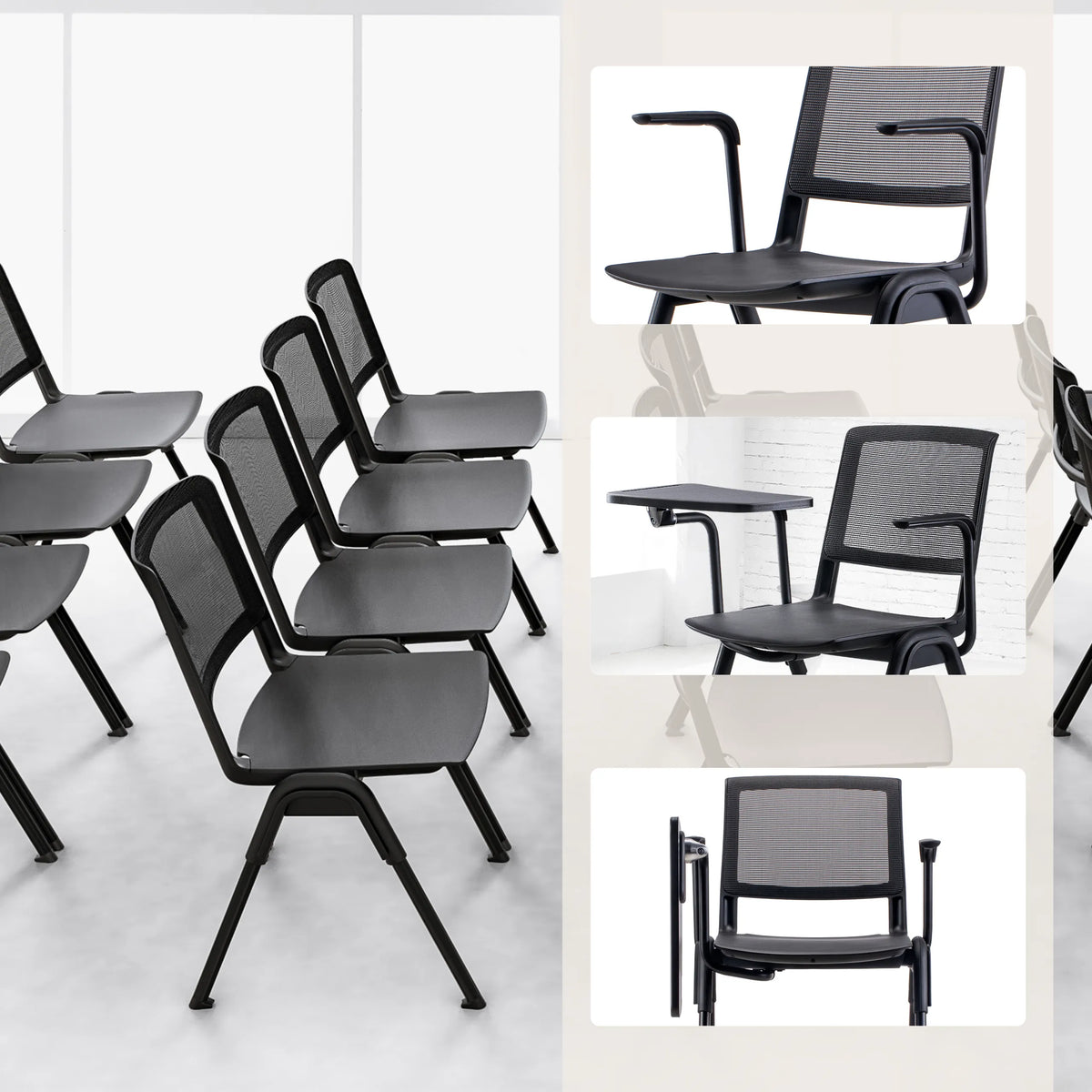 Silla de confidente MEET WA en negro con respaldo de malla, reposabrazos y tableta abatible de hjh OFFICE