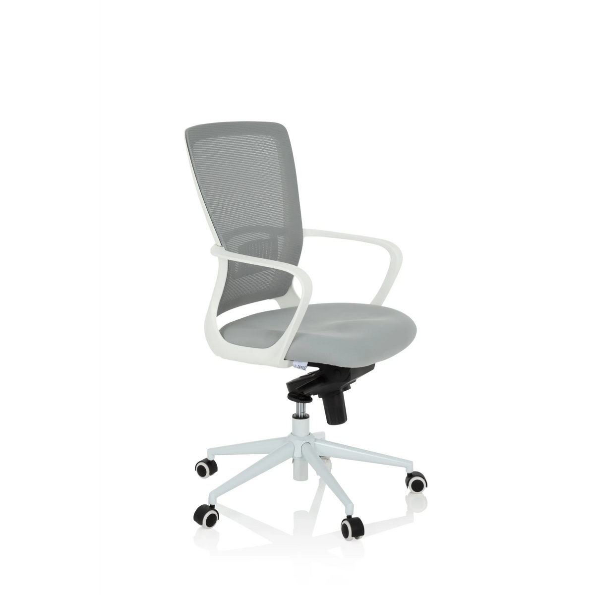 Silla Home Office ESTRIA gris con respaldo de malla y base de cinco ruedas de hjh OFFICE – vista de 360° (vista frontal en diagonal 60°)