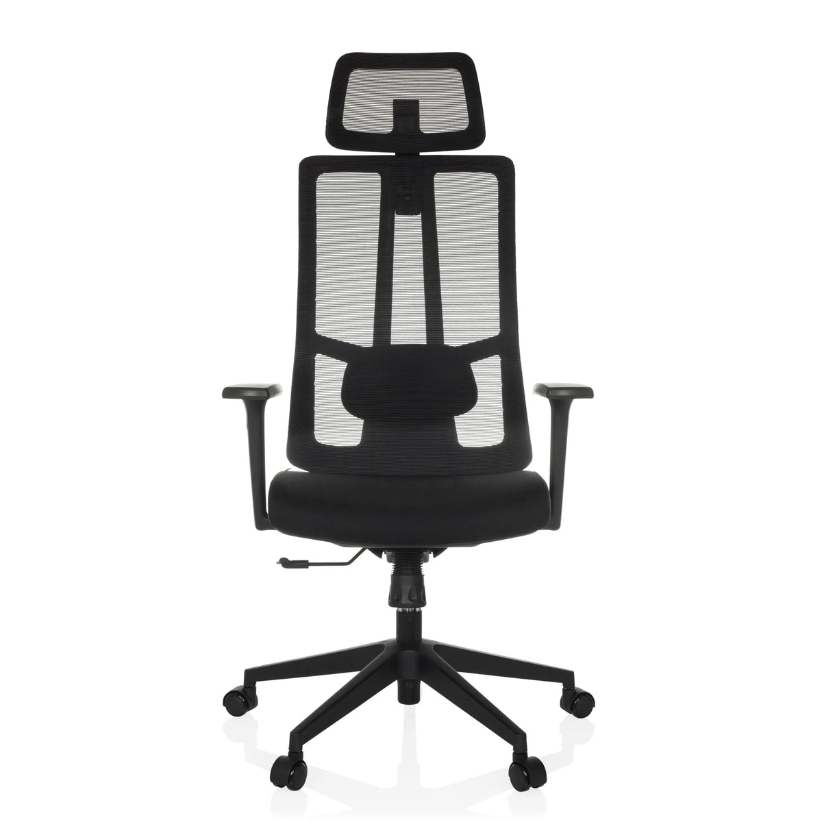 Silla de oficina profesional TRAMORE negra con respaldo de malla y base de cinco ruedas de hjh OFFICE – vista de 360° (vista frontal 0°)
