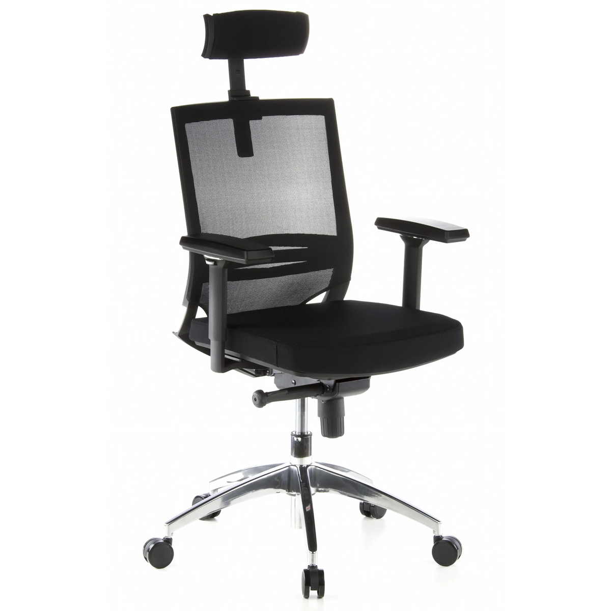 Silla de oficina profesional PORTO MAX negra con respaldo de malla, reposacabezas y base de cinco ruedas de hjh OFFICE – vista de 360° (vista frontal en diagonal 40°)
