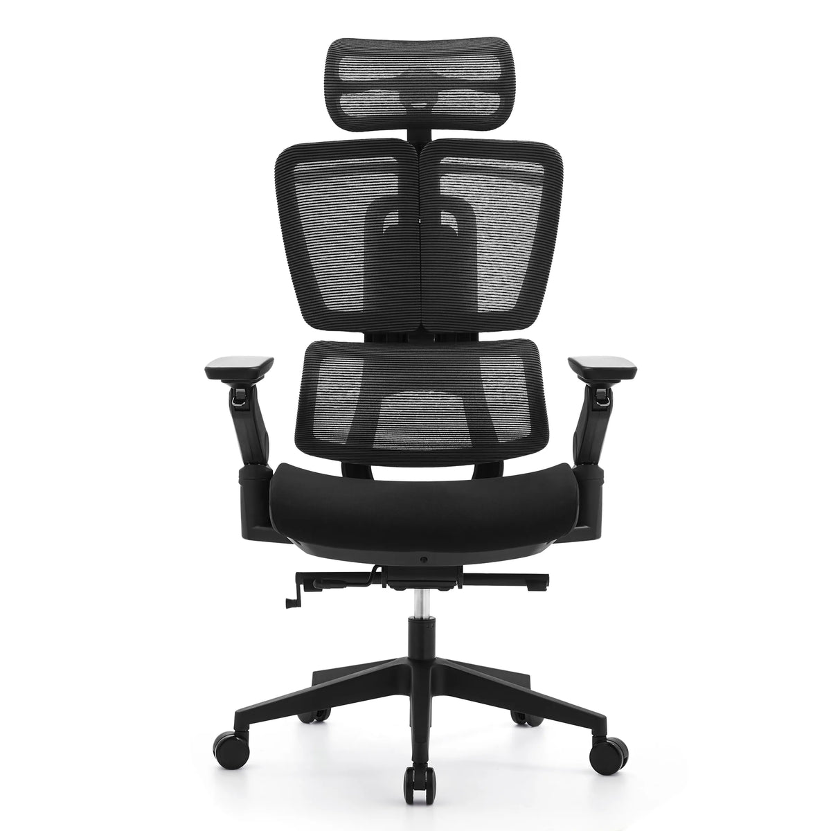 Silla de oficina profesional Ergo U2 Flex3 en color negro con respaldo de malla, reposabrazos y base de cinco ruedas de hjh OFFICE – vista de 360° (vista frontal 0°)