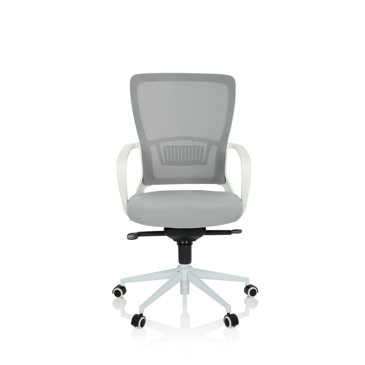 Silla Home Office ESTRIA gris con respaldo de malla y base de cinco ruedas de hjh OFFICE – vista de 360° (vista frontal 0°)