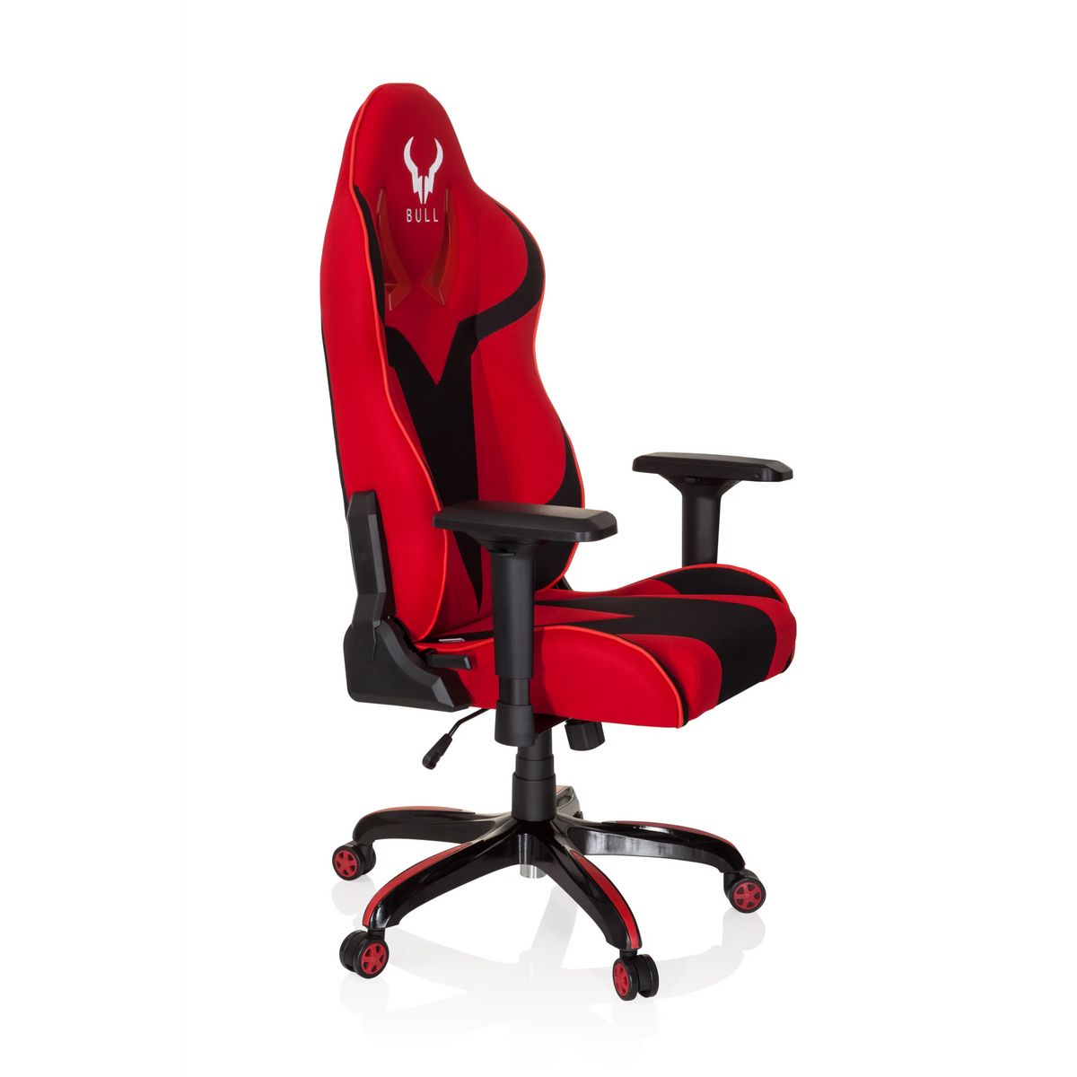 Silla gaming PROMOTER II en rojo y negro con reposabrazos y base de cinco ruedas de hjh OFFICE – vista de 360° (vista frontal en diagonal 60°)
