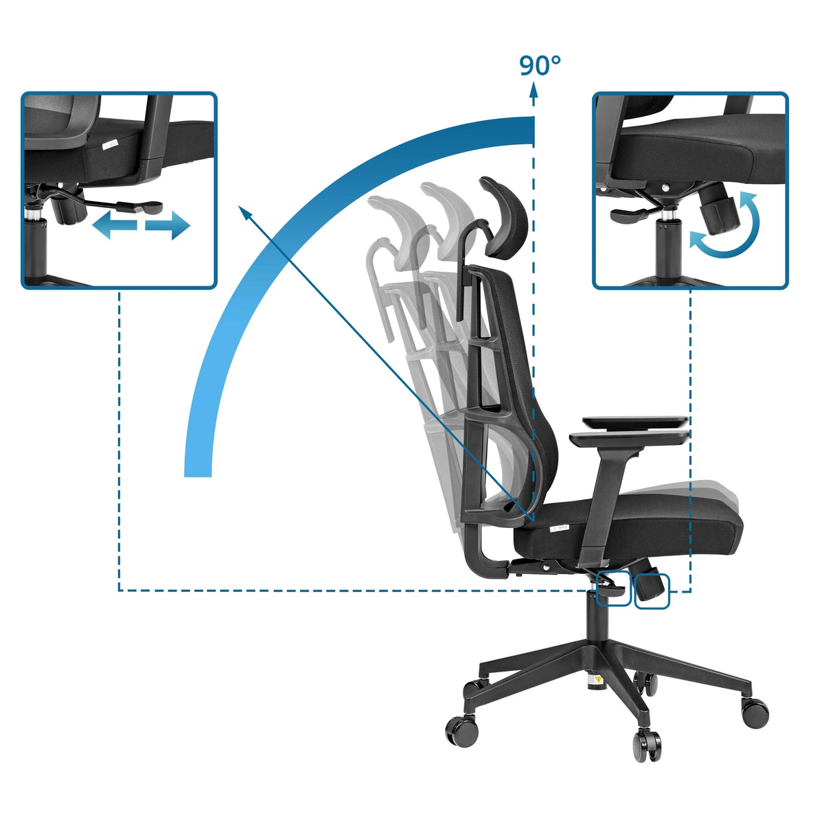 Respaldo ajustable con un ángulo de inclinación de 90 grados de la Silla de oficina profesional SPINIO PRO de hjh OFFICE