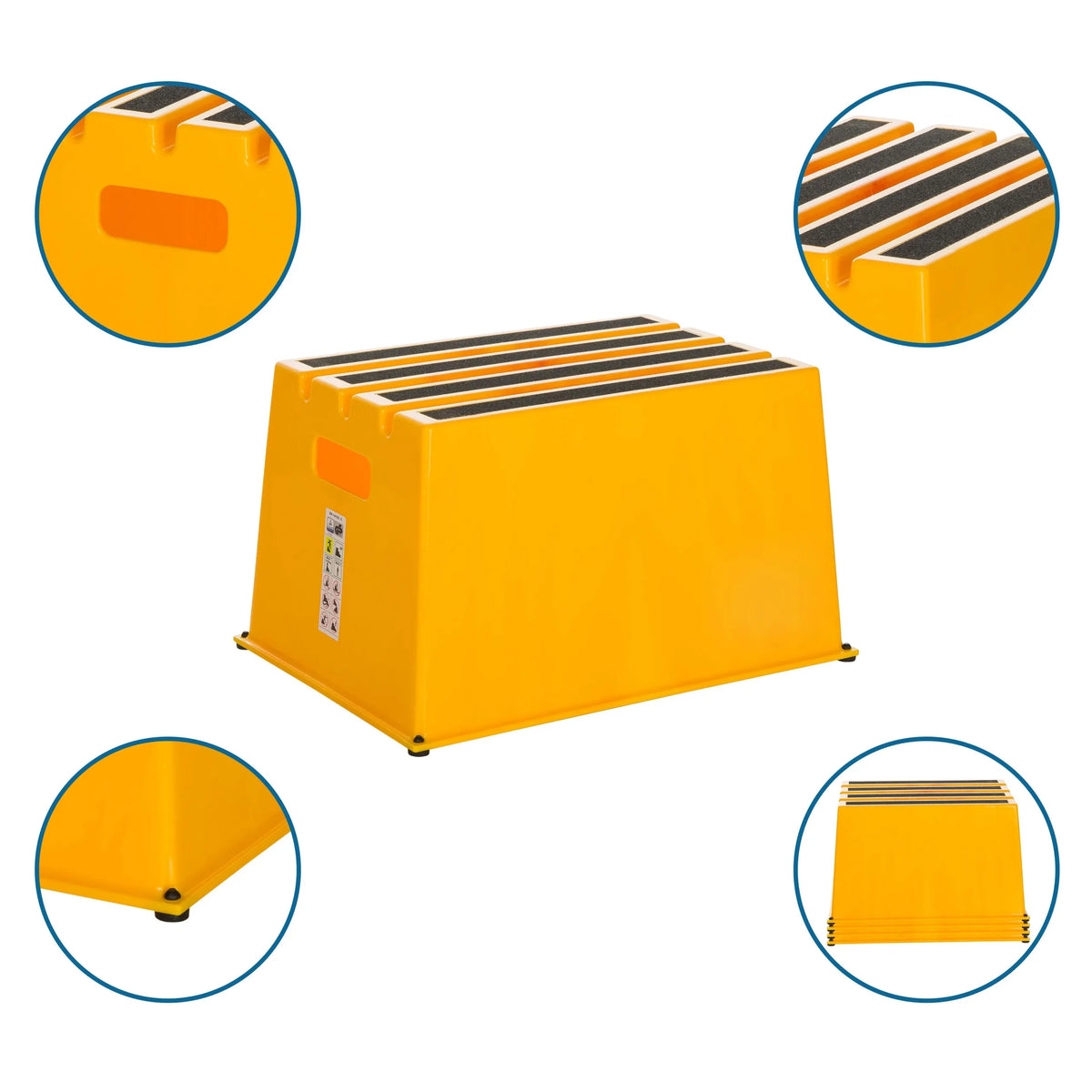 Taburete bajo amarillo TIO-E1 con peldaños antideslizantes y asa integrada de hjh OFFICE