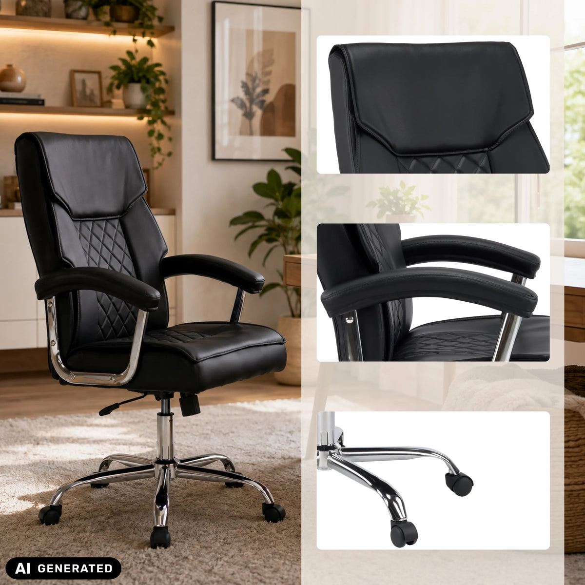 Silla Home Office Relax Prestio negra con patrón acolchado, reposabrazos y base cromada con ruedas de MyBuero