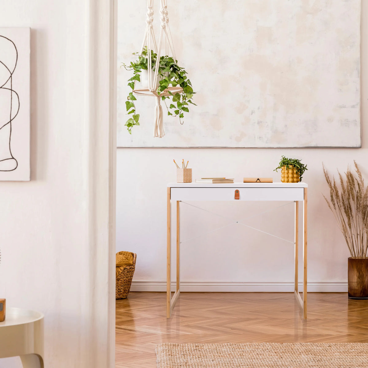 Escritorio blanco TAROLO II de 80 x 42 cm con patas de madera clara de hjh LIVING