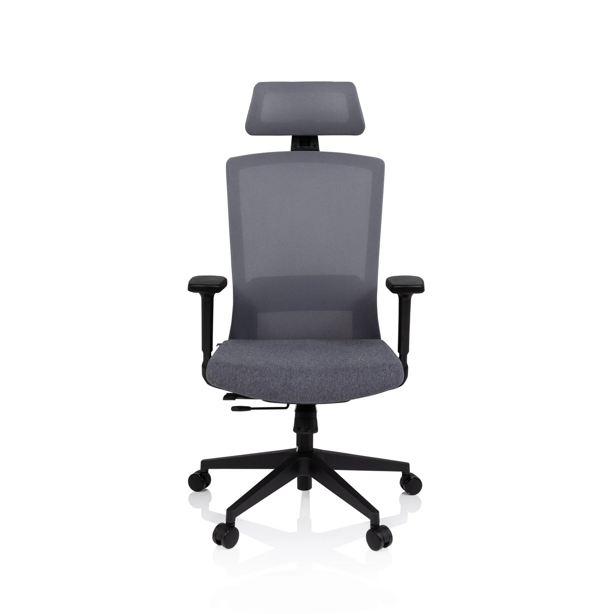 Silla de oficina profesional CAPTIVO gris con respaldo de malla, reposacabezas y base de cinco ruedas de hjh OFFICE – vista de 360° (vista frontal 0°)