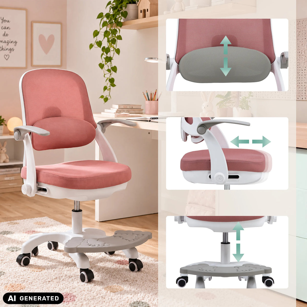 Respaldo, reposabrazos y altura del asiento ajustables de la silla giratoria para niños Kiddy Smart Step de hjh OFFICE (imagen generada por IA)