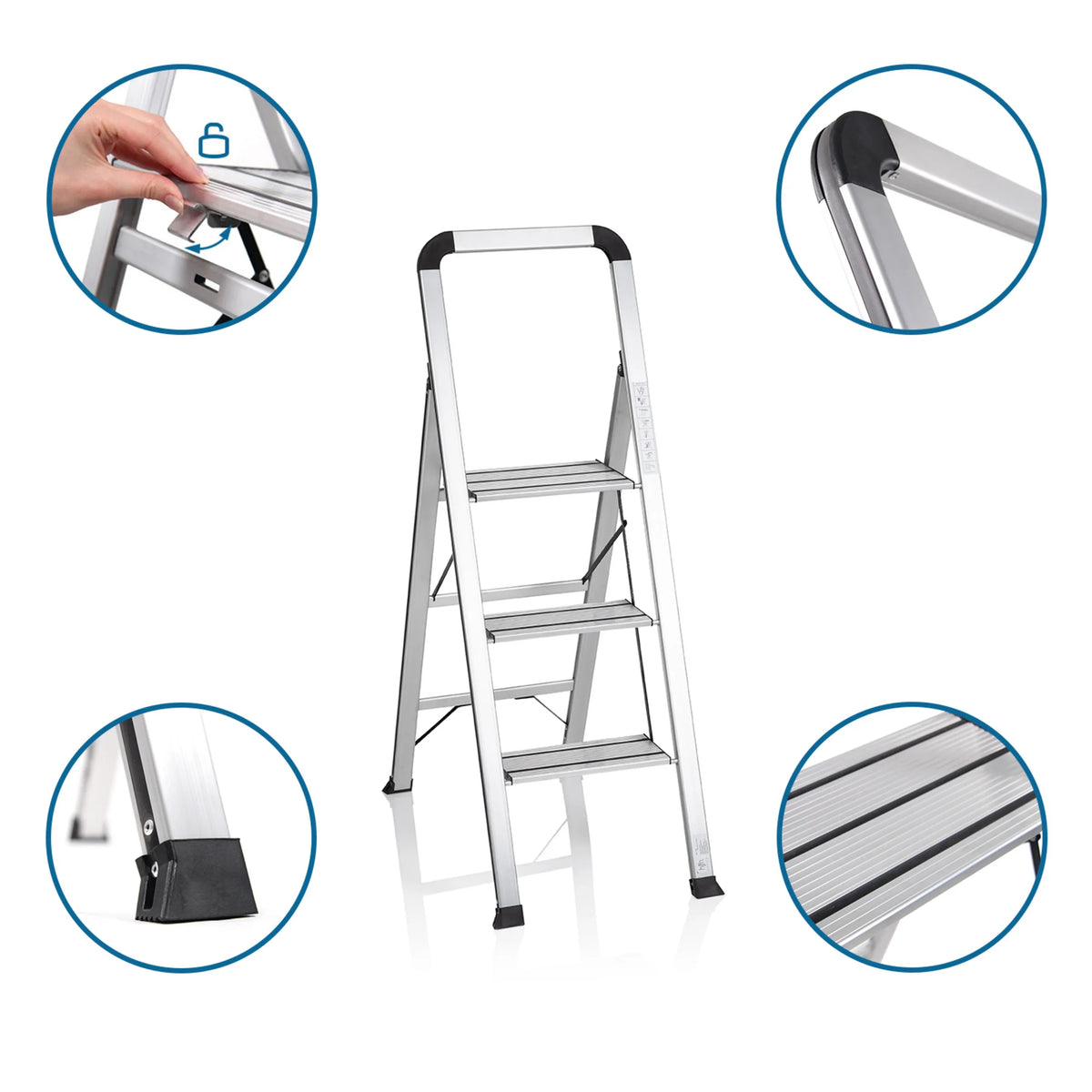 Escalera plegable de aluminio SOLID V con tres peldaños, bloqueo de seguridad y pies antideslizantes de hjh OFFICE