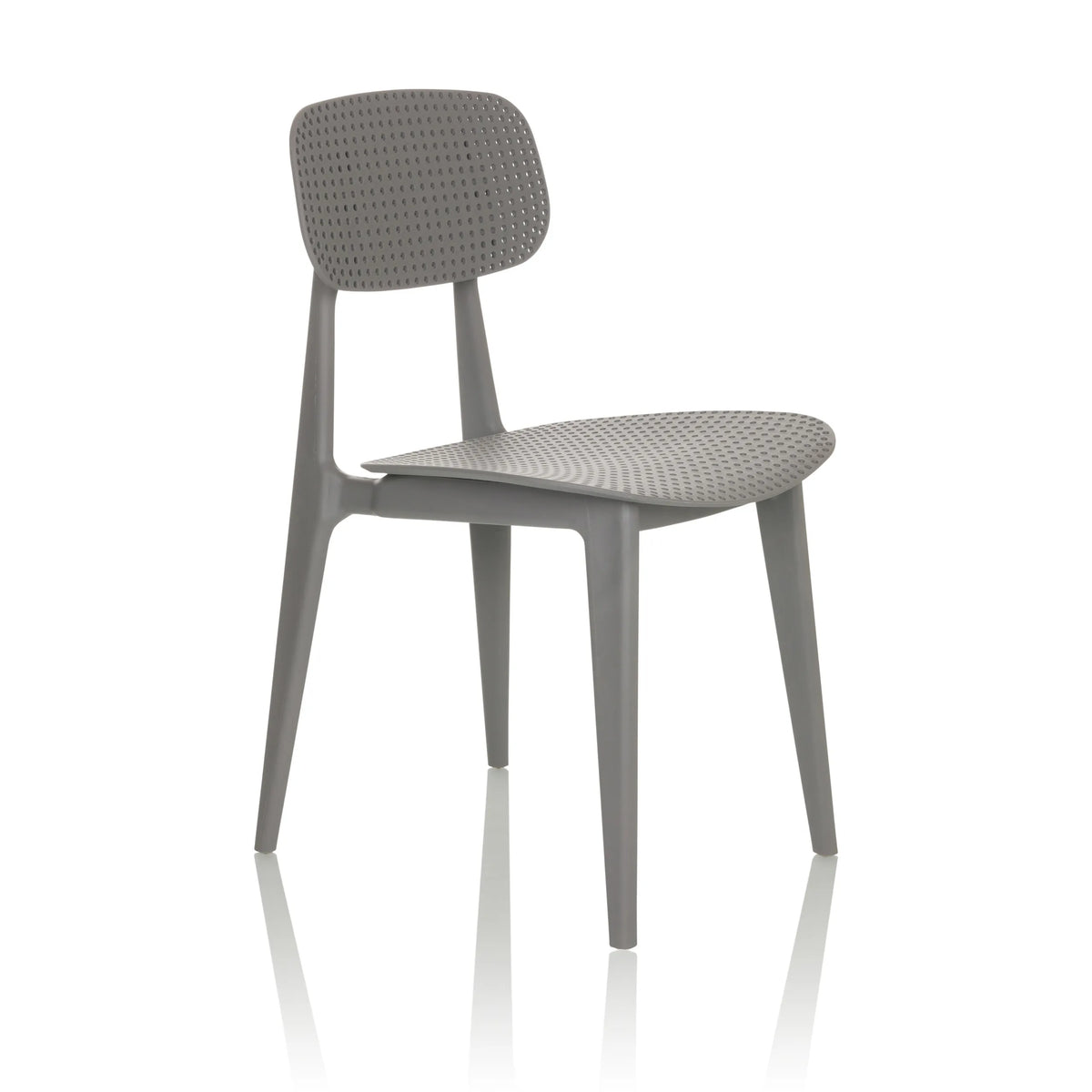 Silla de exterior gris ARTIFO HOL con respaldo y asiento perforados de hjh OFFICE – vista de 360° (vista frontal en diagonal 45°)