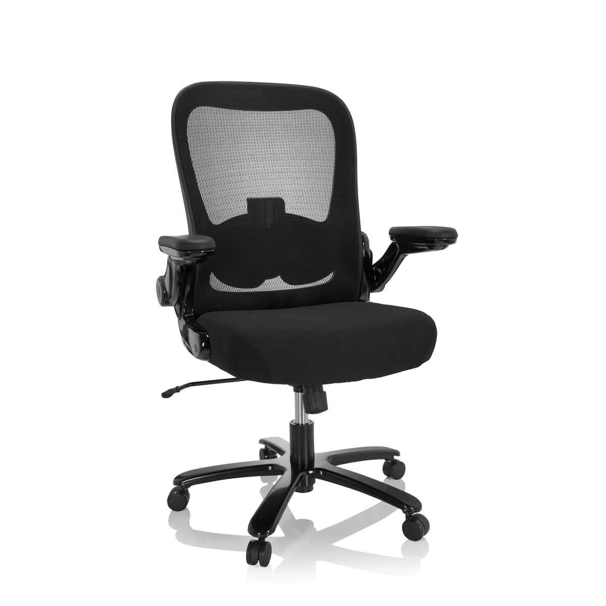 Silla giratoria XXL INSTRUCTOR SW I negra con respaldo de malla, reposabrazos y base de cinco ruedas de hjh OFFICE – vista de 360° (vista frontal 20°)