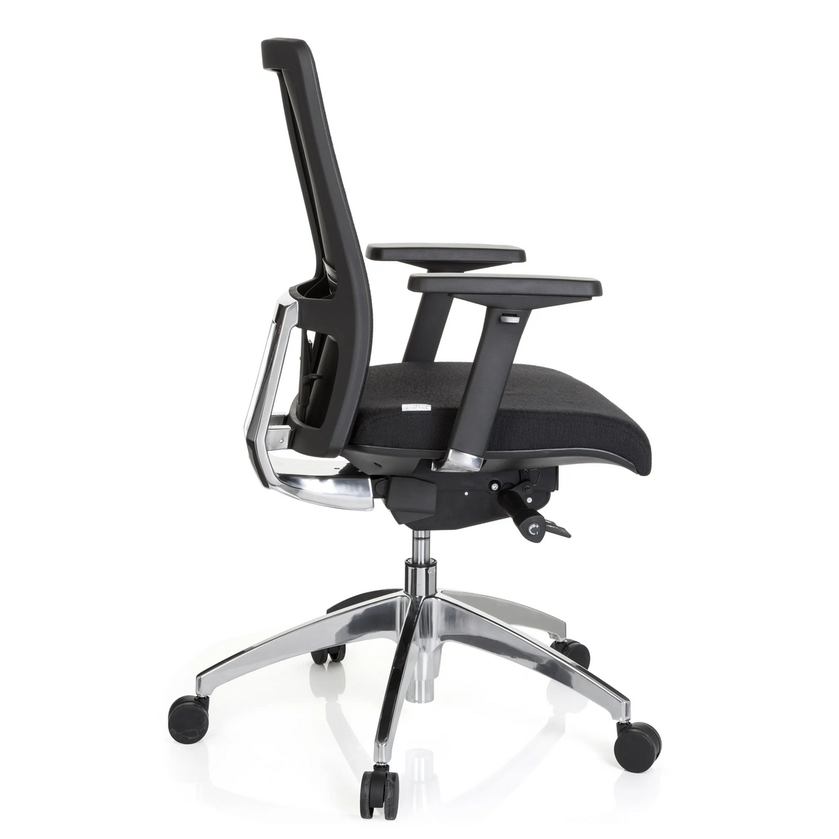 Silla de oficina profesional ASTRA BASE negra con reposabrazos y base de cinco ruedas de hjh OFFICE – vista de 360° (vista lateral 100°)