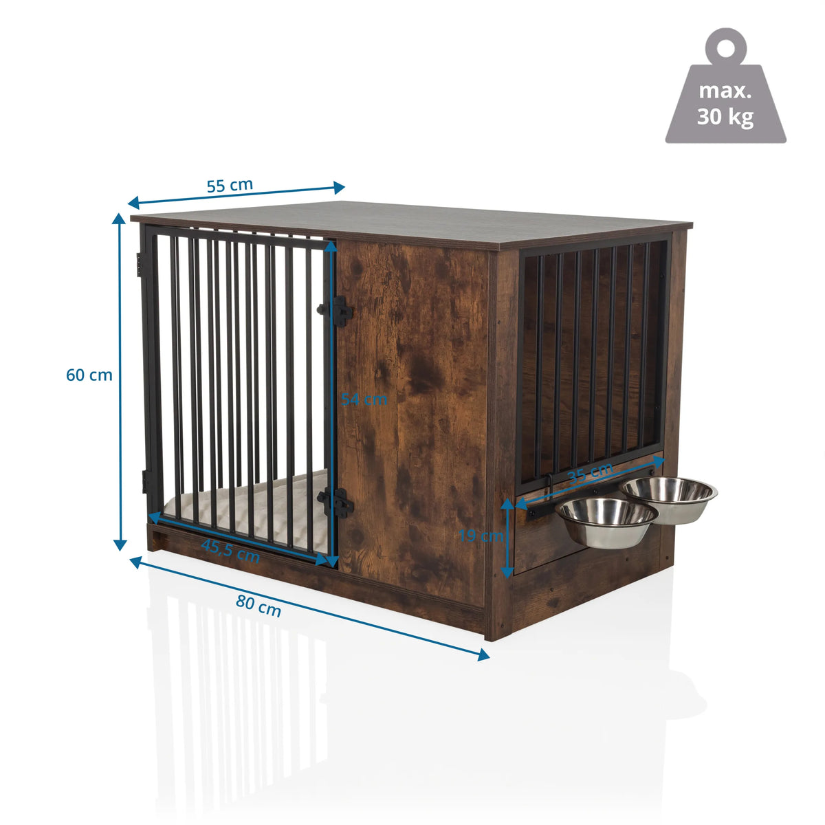 Dibujo dimensional del transportín para perros PAWHOME S en marrón, 80 × 55 cm y dos cuencos de comida de hjh LIVING