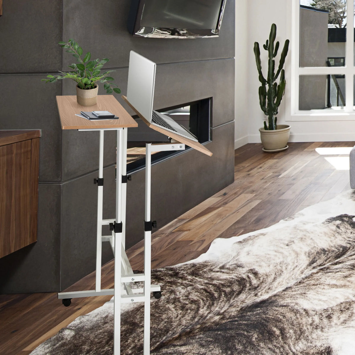 Escritorio de pie WORKSTATION I en blanco y roble con soporte para portátil con ruedas de hjh OFFICE