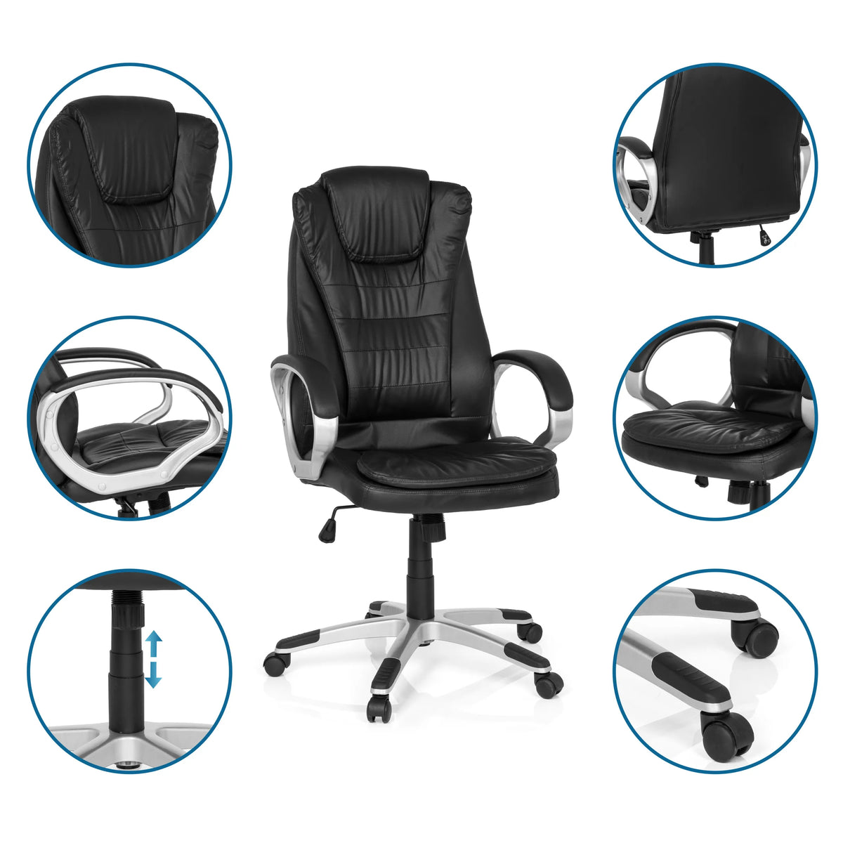 Silla gaming RELAX WB100 en negro con vistas detalladas de los reposabrazos, el pistón de gas y las ruedas de MyBuero