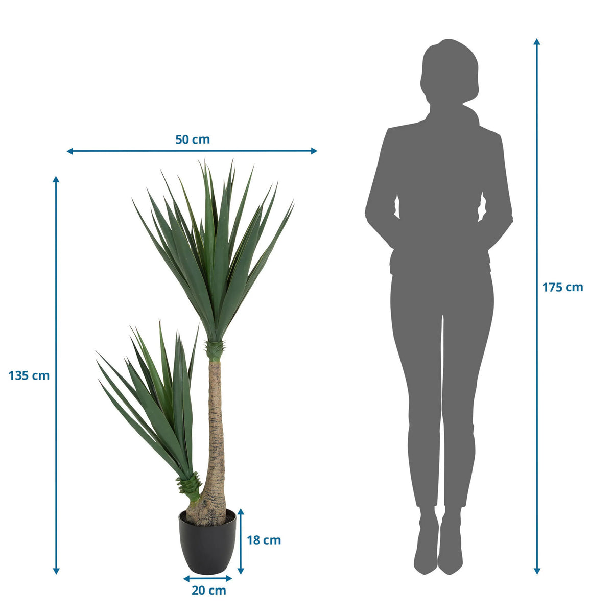 Dibujo dimensional de la Planta artificial YUCCA con una altura de 135 cm y anchura de 50 cm de hjh OFFICE