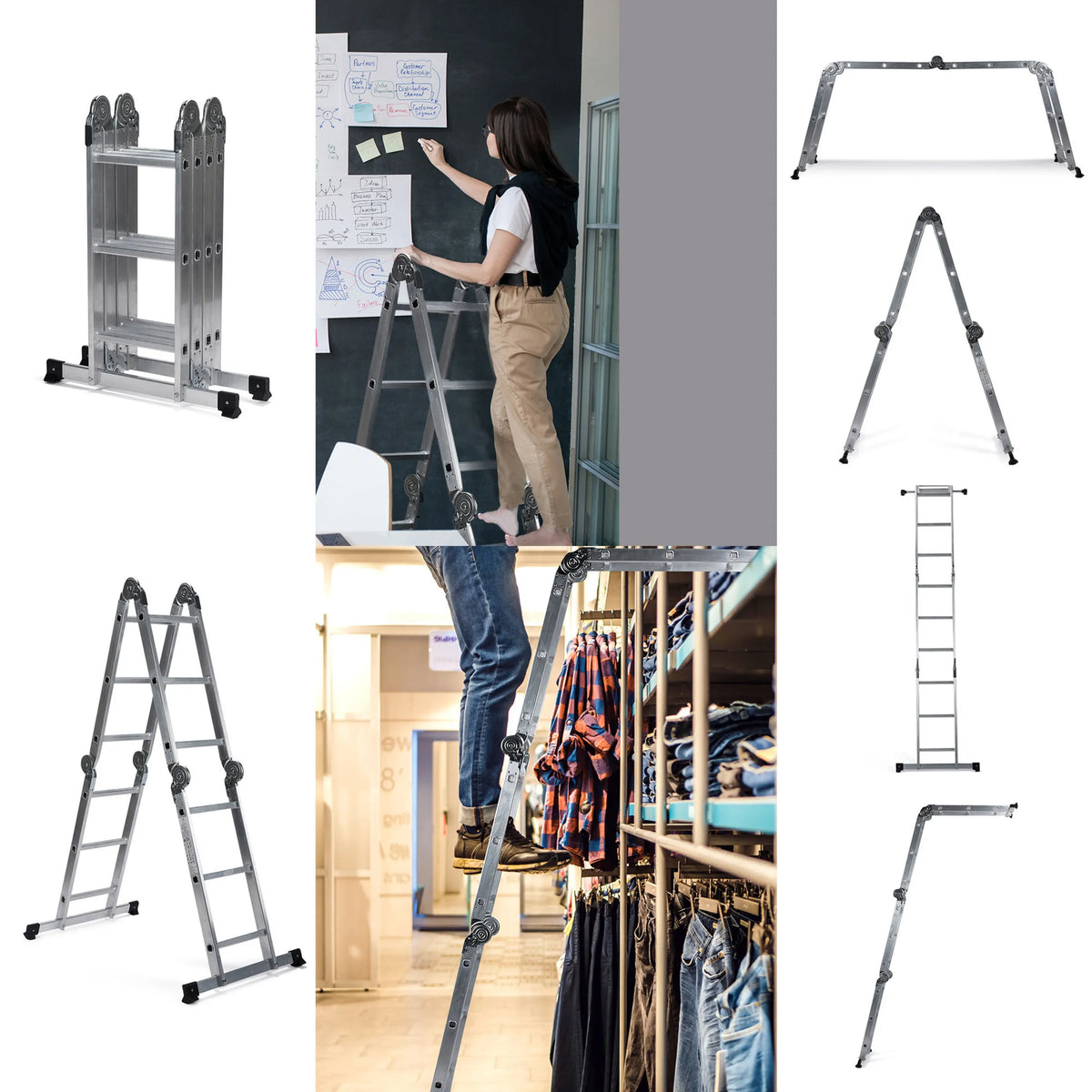 Escaleras plegables SOLID W3 de aluminio en diferentes posiciones de plegado y en uso de hjh OFFICE