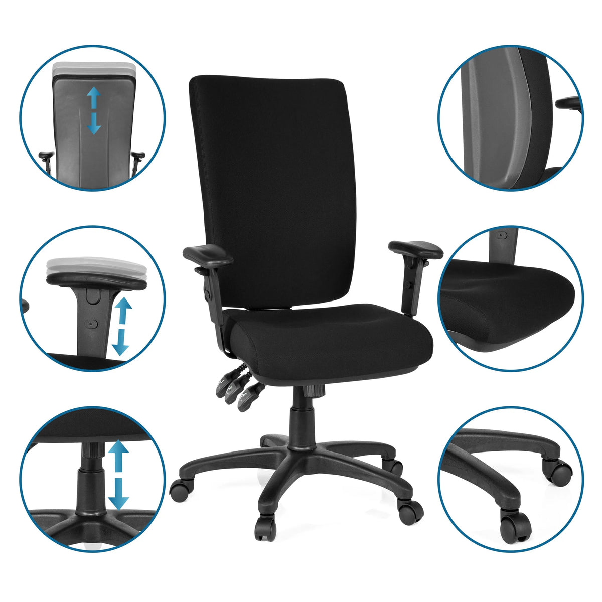 Silla de oficina profesional ZENIT HIGH en color negro con vistas detalladas de las opciones de ajuste de hjh OFFICE