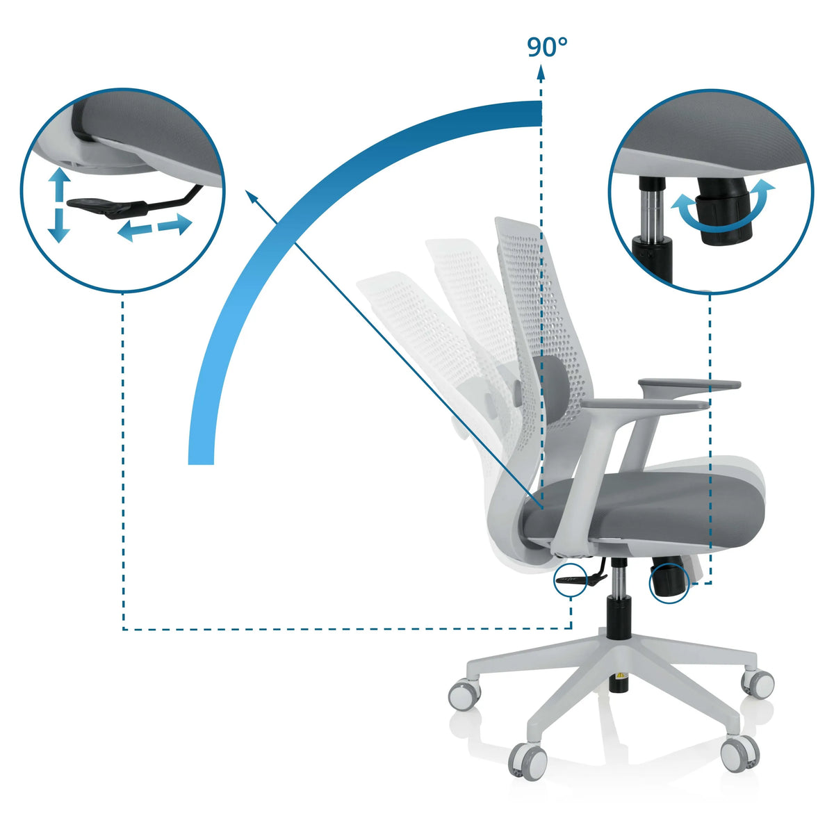 Mecanismos de ajuste de la silla Home Office PARFERIO W con inclinación de 90 grados y ajuste de altura de hjh OFFICE