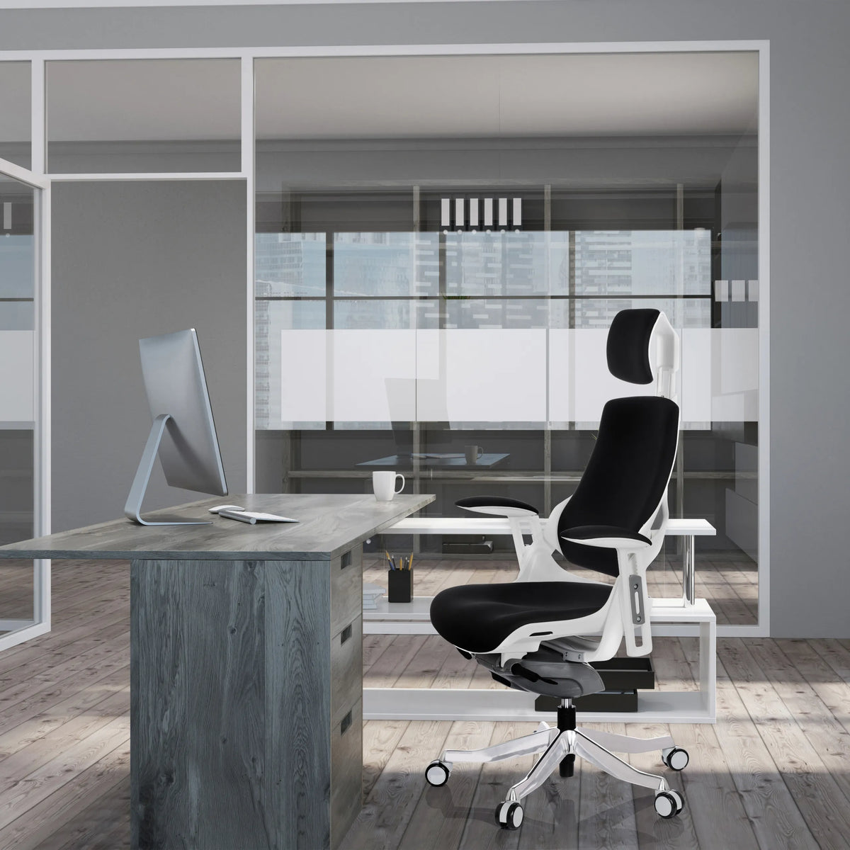 Silla de oficina profesional SPEKTRE con tapicería de tela negra y estructura blanca en una oficina moderna de hjh OFFICE