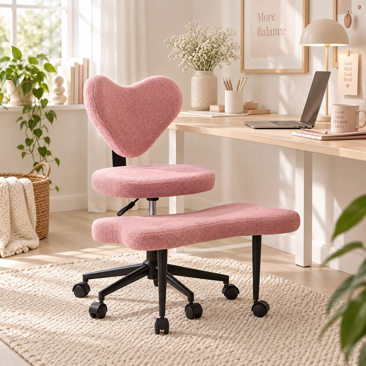 Silla de meditación Asanasit rosa con respaldo en forma de corazón y reposapiés frente a un escritorio de hjh LIVING